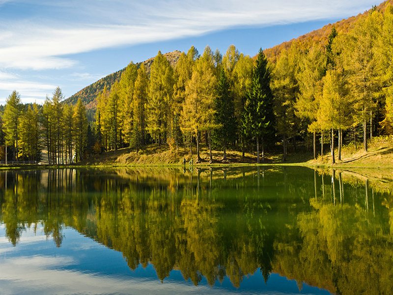 Wooded mountain slopes reflected in Lago della Ninfa